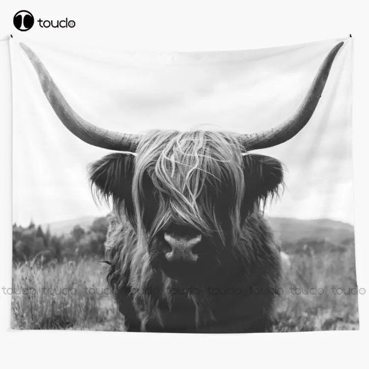 Photography Online - วัวสก็อตไฮแลนด์ - การถ่ายภาพสัตว์สีดําและสีขาว Tapestry Tapestry ร้านค้าออนไลน์ที่กําหนดเองตกแต่งแขวนผนัง